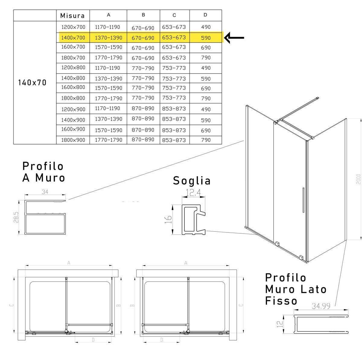 Box doccia due lati anta scorrevole senza profili 8mm h200 brenta, misura 70x140