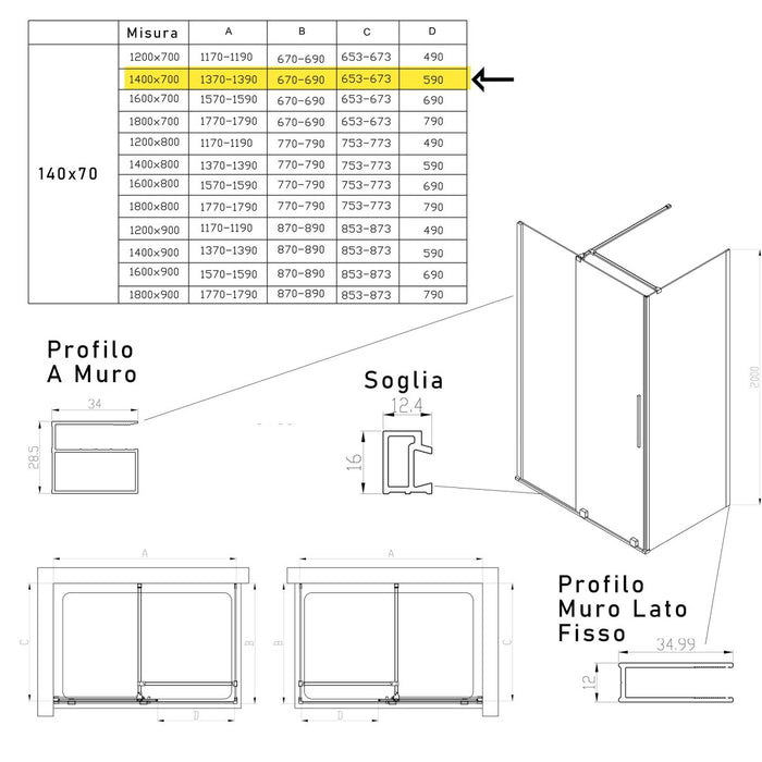 Box doccia due lati anta scorrevole senza profili 8mm h200 brenta, misura 70x140