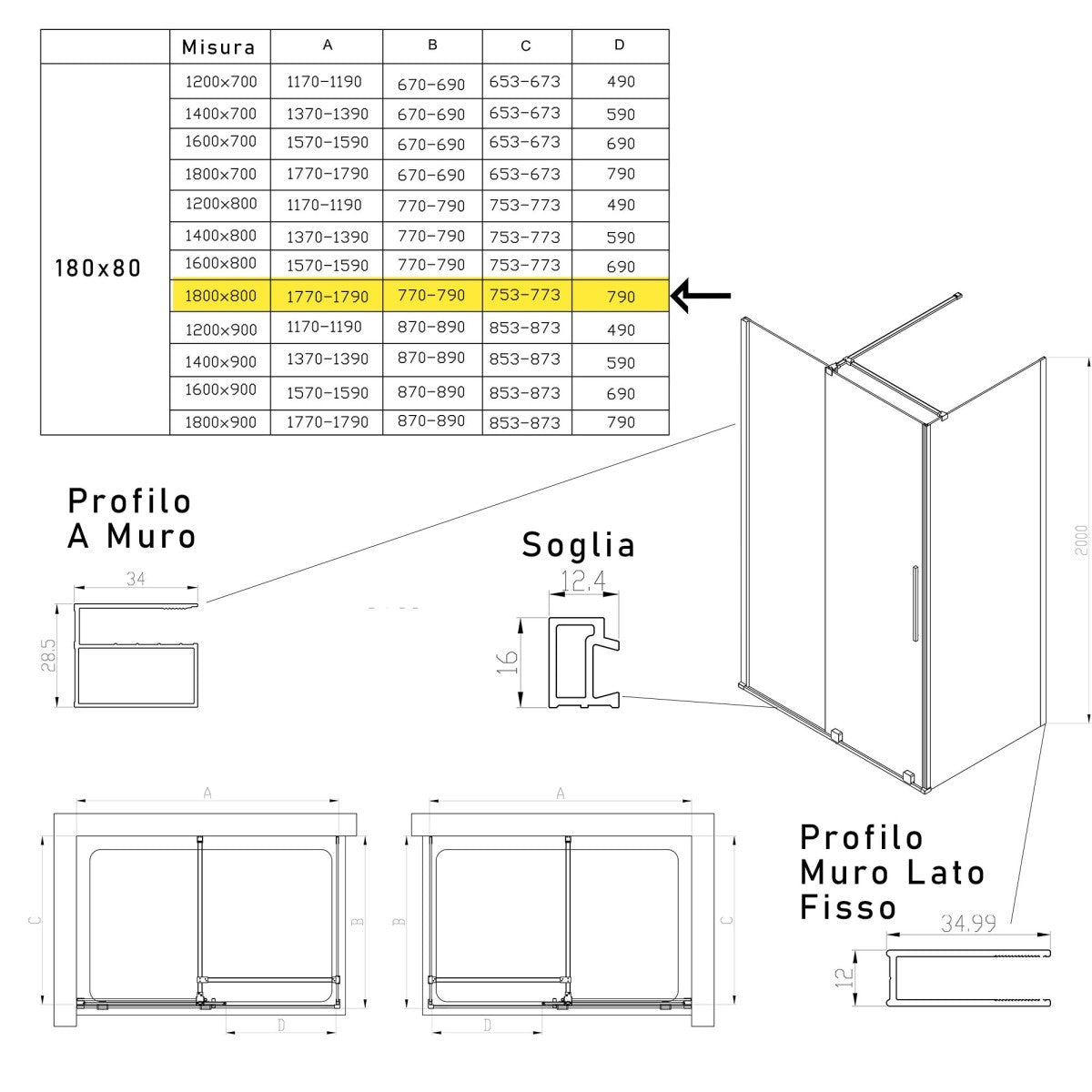 Box doccia due lati anta scorrevole senza profili 8mm h200 brenta, misura 80x180