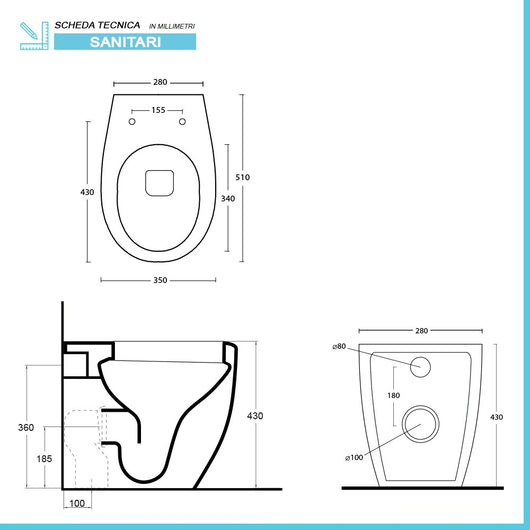 Water singolo filomuro Nido con scarico senza brida e copriwater soft close