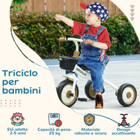 Triciclo per Bambini 70,5x50x58 cm con Seduta Regolabile e Campanello in Metallo Bianco