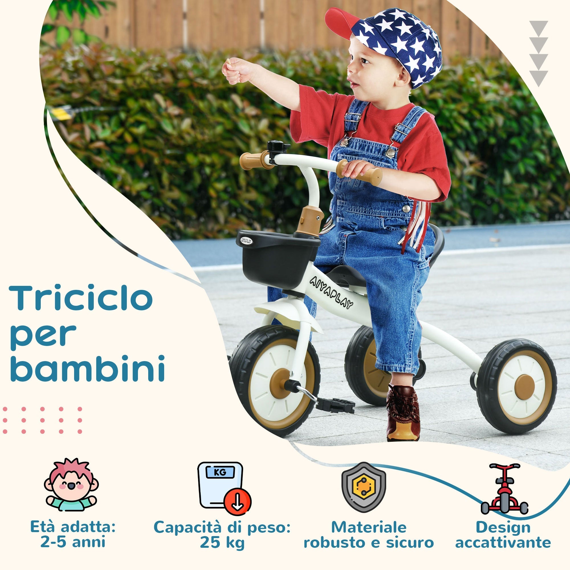 Triciclo per Bambini 70,5x50x58 cm con Seduta Regolabile e Campanello in Metallo Bianco