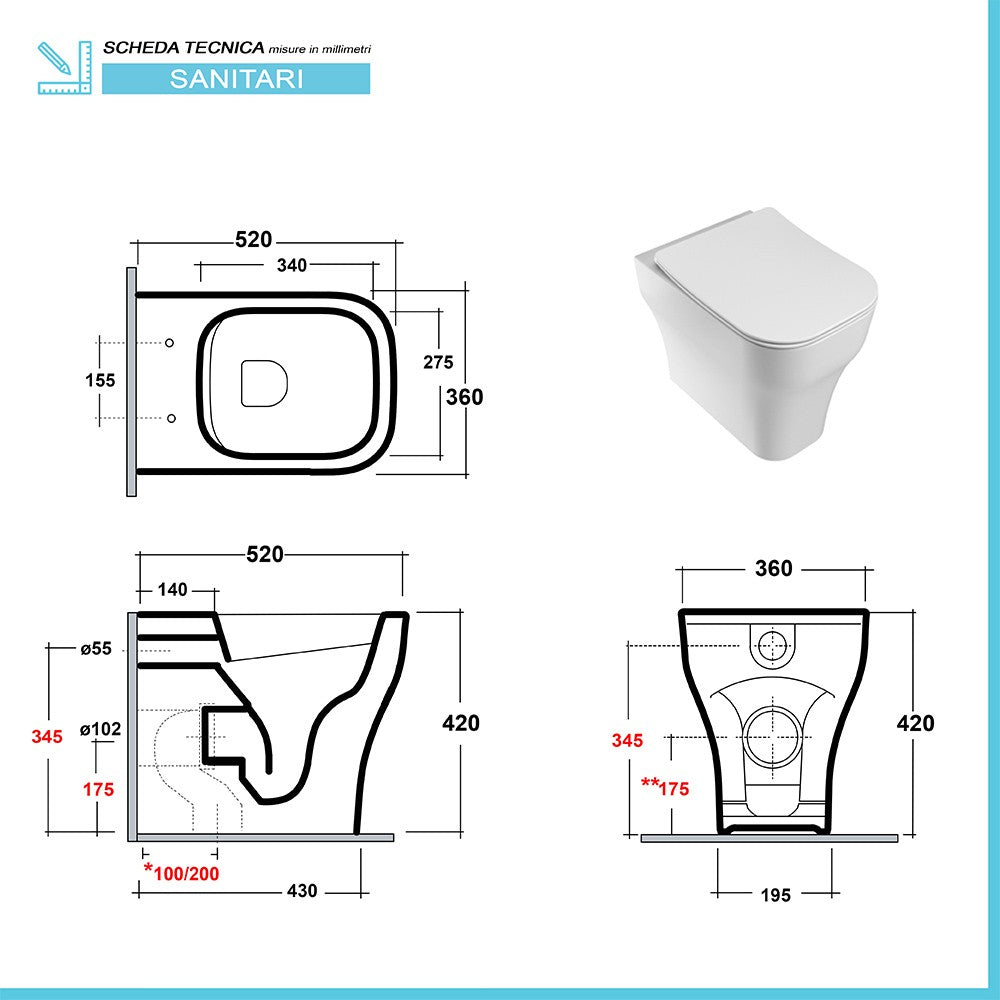 Wc filo muro rimless con scarico traslato Olympia serie Synthesis bianco lucido