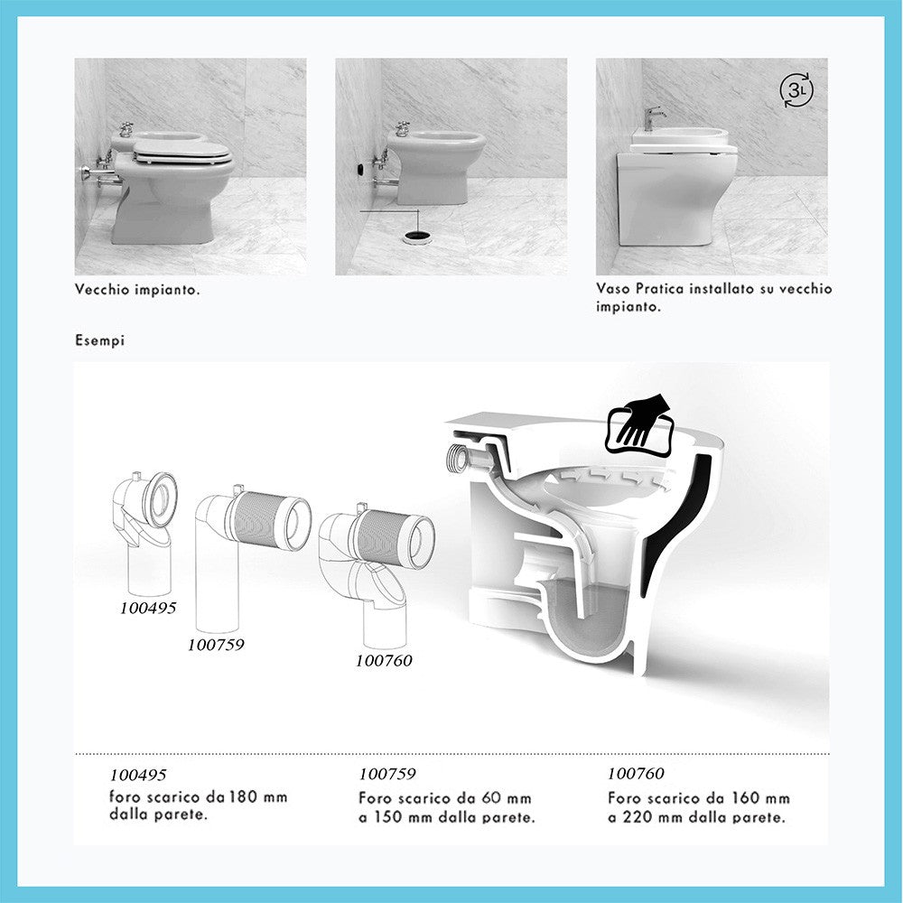 Wc filo muro scarico traslato rimless Azzurra serie Pratica 