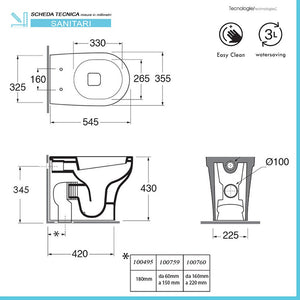 Wc filo muro scarico traslato rimless Azzurra serie Pratica 