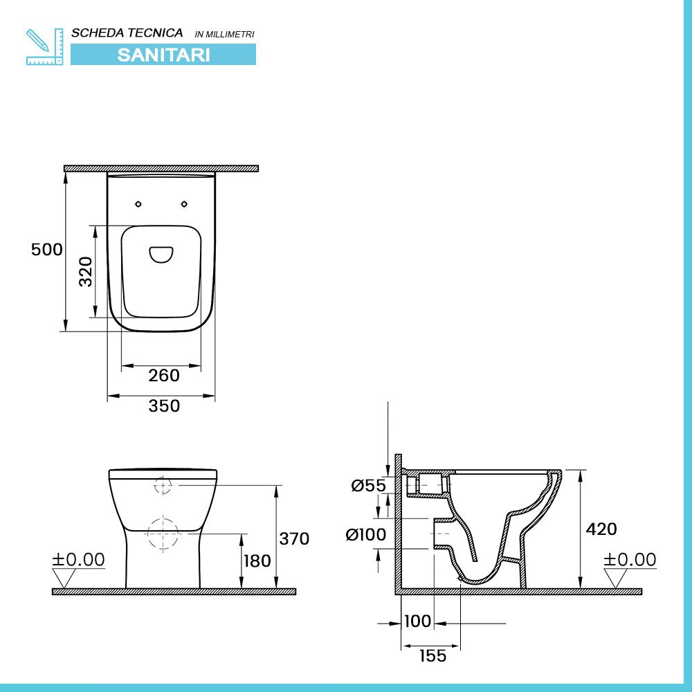 Wc filomuro bianco lucido senza brida con scarico multiplo | Plana