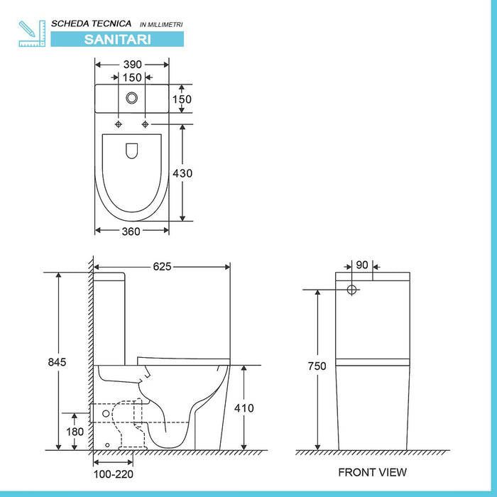 Wc filomuro monoblocco Rimless scarico universale e sedile rallentato Klan