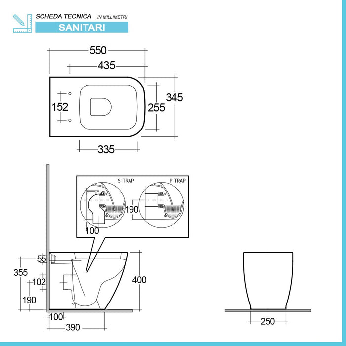 Wc filomuro Rak serie Caroline in ceramica con scarico universale