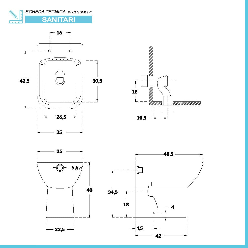 Wc filomuro salvaspazio senza brida con scarico universale Ginevra