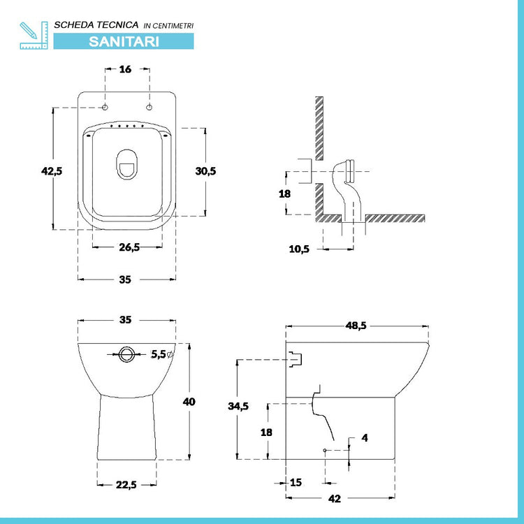 Wc filomuro salvaspazio senza brida con scarico universale Ginevra