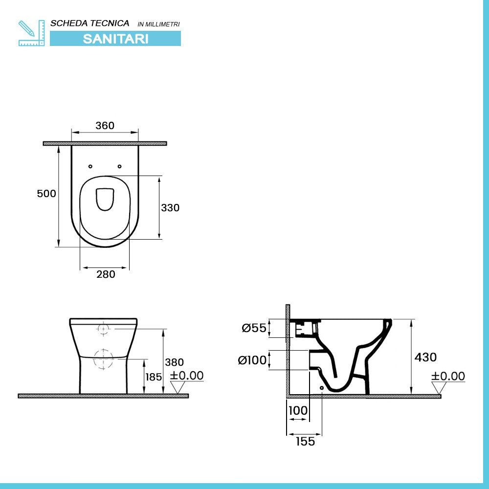 Wc filomuro senza brida bianco lucido con scarico universale | Itaca