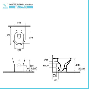 Wc filomuro senza brida bianco lucido con scarico universale | Itaca