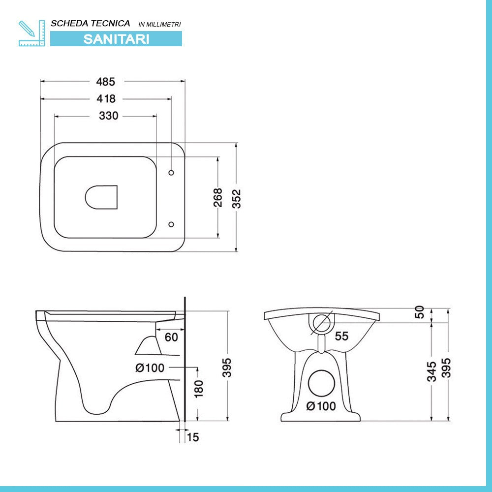 Wc tradizionale con scarico a parete in ceramica lucida Ginevra