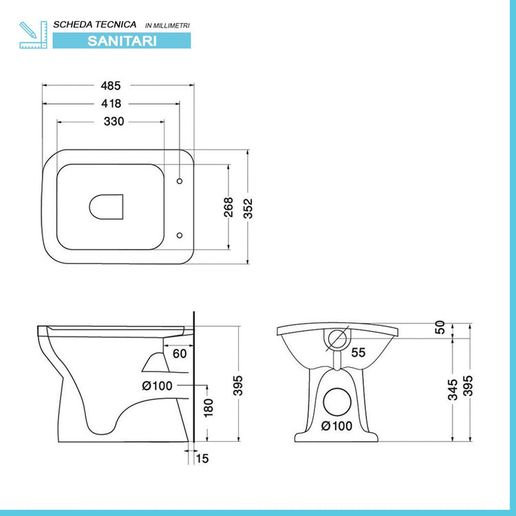 Wc tradizionale con scarico a parete in ceramica lucida Ginevra