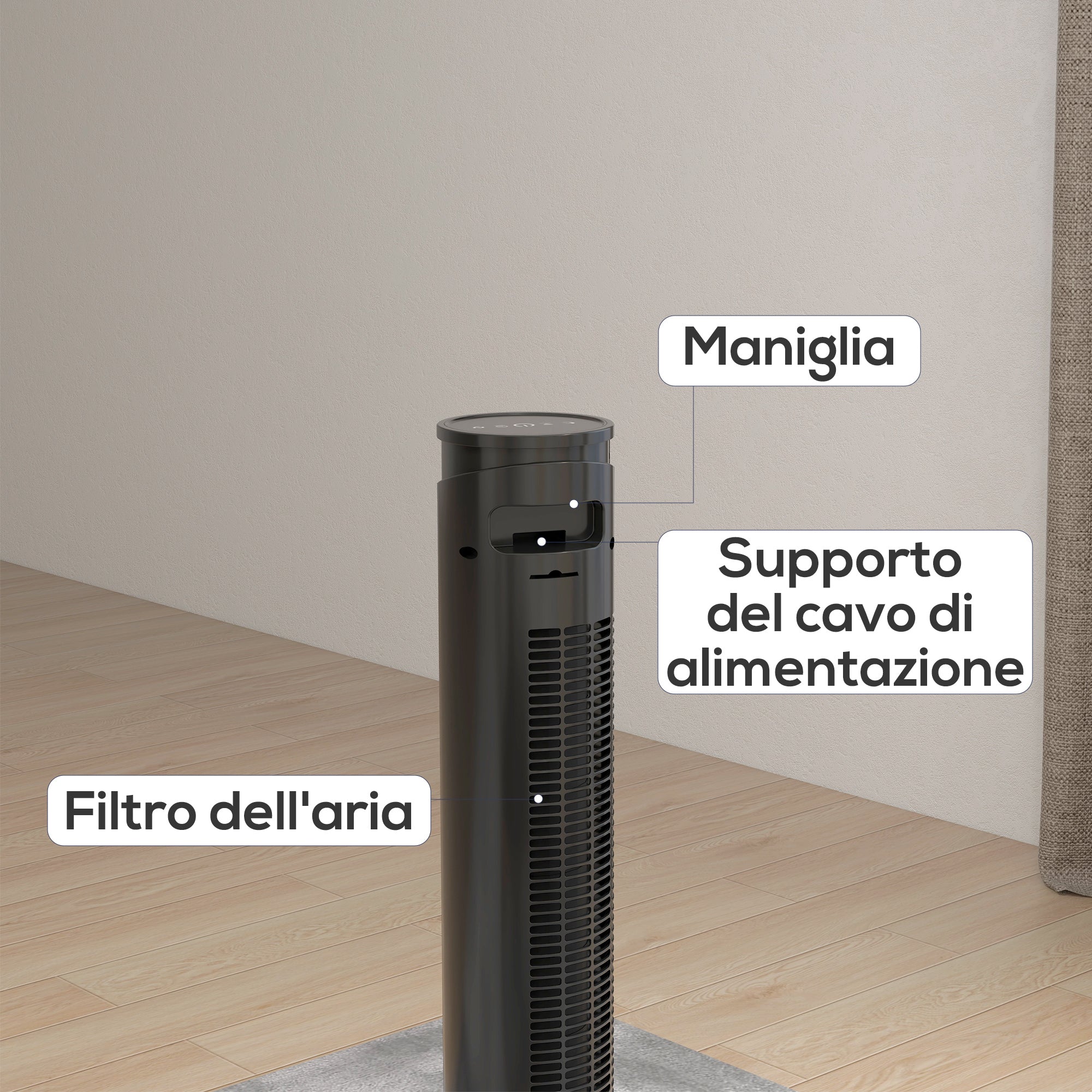 Ventilatore a Torre 45W a 4 Modalità e 3 Velocità con Timer da 12h Ø31.5x93 cm in ABS Nero