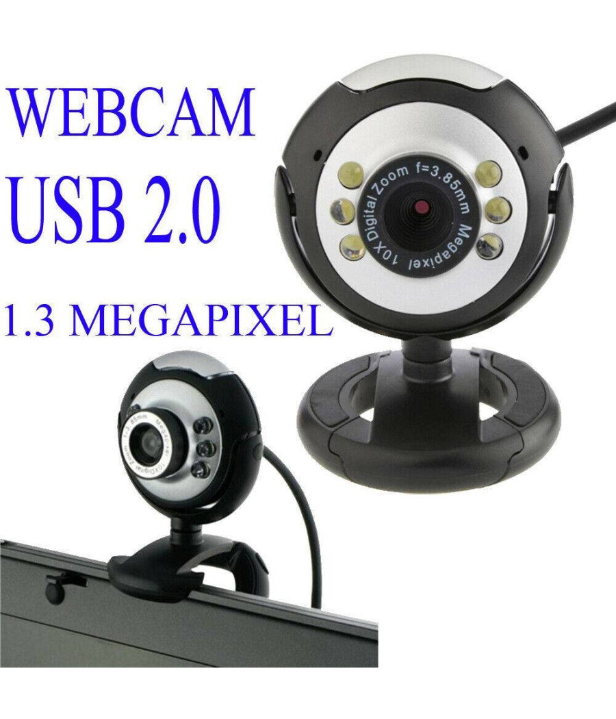 Webcam Web-01 Ideale Per Videoconferenze Microfono 1.3 Mpx 6 Led Per Notebook Pc         