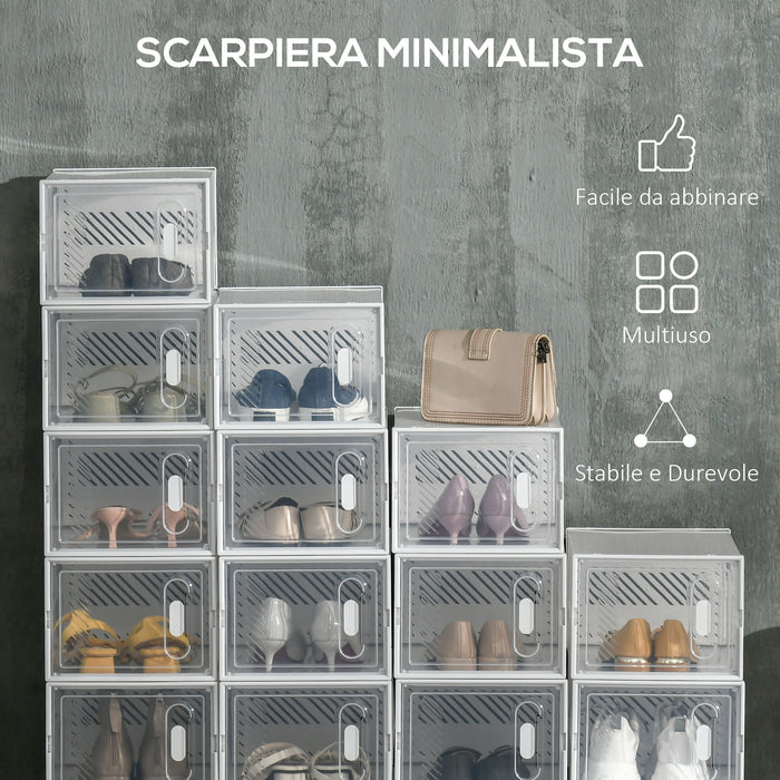 Scarpiera Modulare 18 Box 25x35x19 cm in Plastica PP Trasparente e Bianco