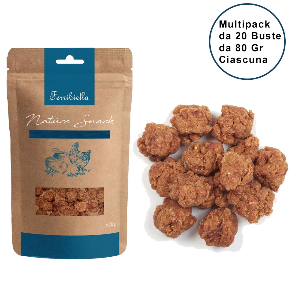 Nature snack per cani ferribiella polpette di anatra confezione da 20 buste da 80 gr