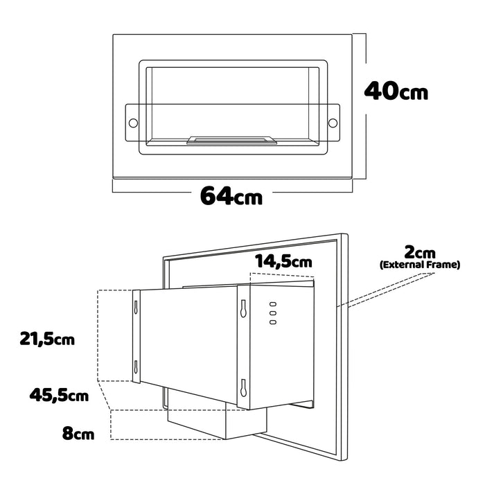 Adriano - Caminetto a bioetanolo da incasso con 1 bruciatore da 1.5L. Camino a bioetanolo in acciaio inox e vetro temperato. 64x40 cm colore bianco