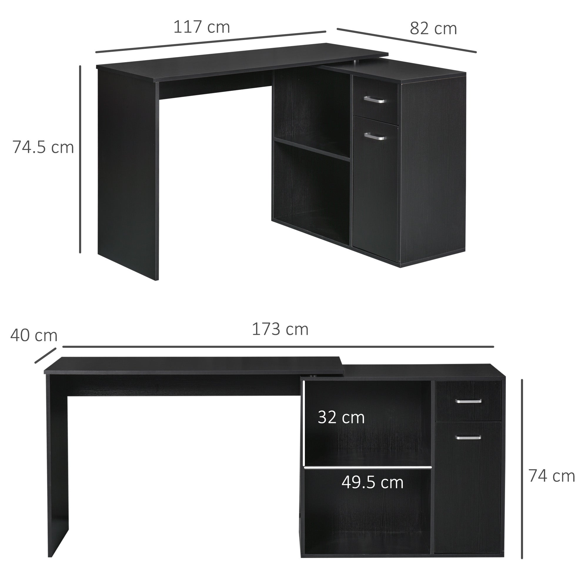 Scrivania Angolare da Ufficio 2 Cassetti e 2 Ripiani 117x82x74 cm in Legno Nero