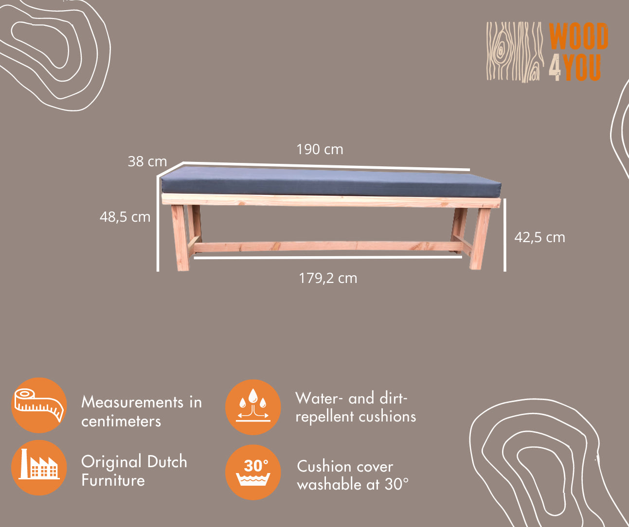 Panca da giardino in legno Rotterdam con cuscino incluso lunghezza 190 cm