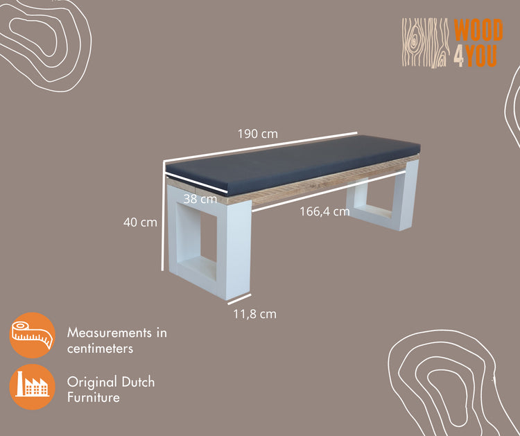 Panca in legno New Orleans con gambe Colore Bianco con cuscino incluso  190 cm con gambe Colore Bianco