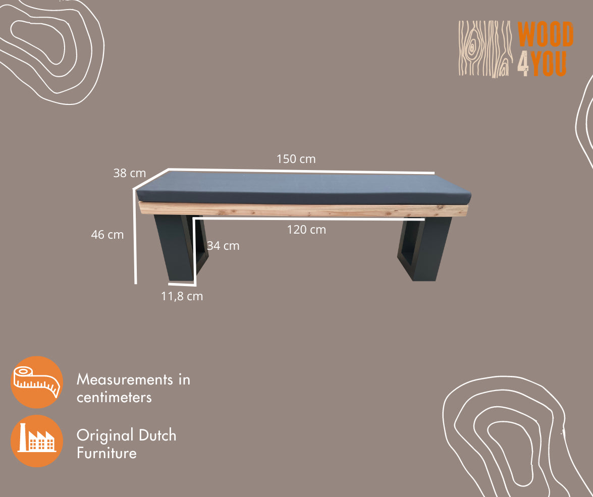 Panchina da giardino in legno Atlanta dimensioni 150Lx40Hx38D cm con gambe Colore Antracite incl. Cuscino