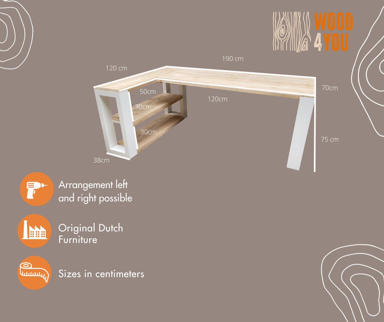 Scrivania ad angolo in legno New Orleans con armadietto laterale dimensioni 190/120 cm con gambe Colore Bianco