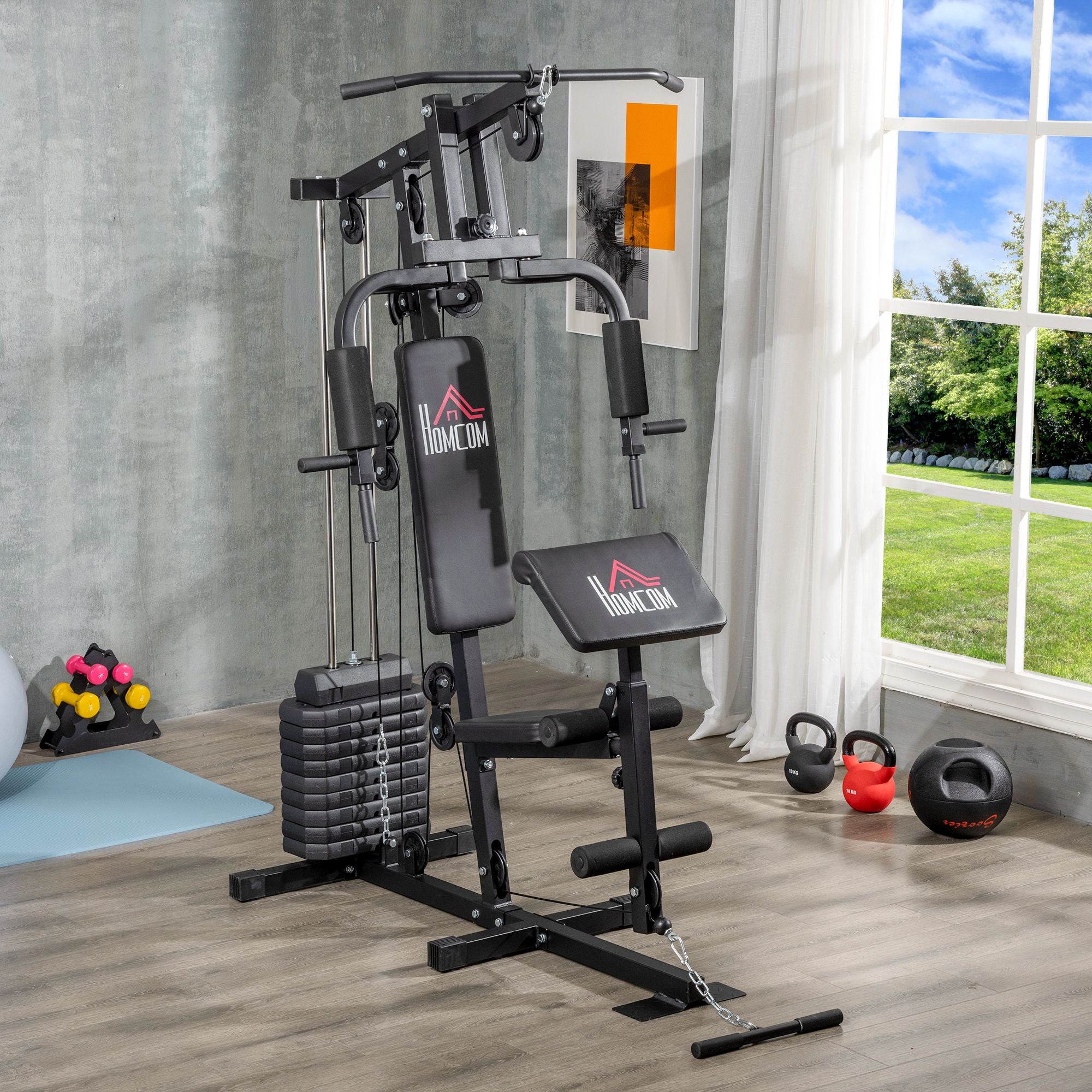 Stazione Fitness Multifunzione Power Tower 135x103x210 cm con Pesi fino 45kg e Panca Imbottita Nera