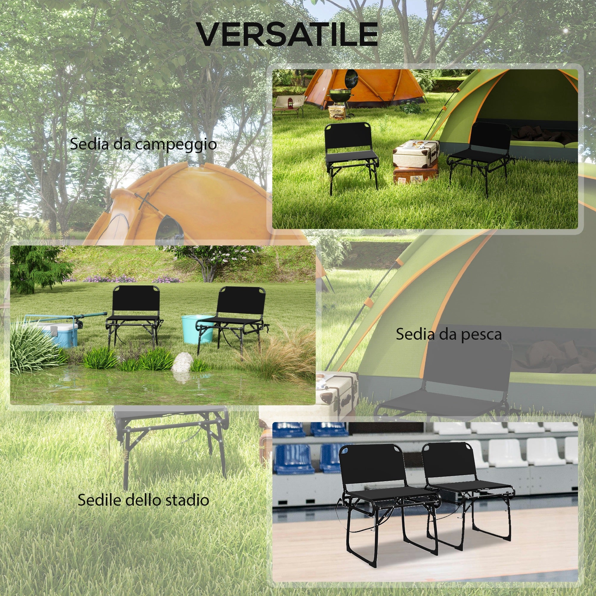 Set da 2 Sedie Pieghevoli Multifunzione da Campeggio 51x58x72 cm Telaio in Metallo e Tessuto Oxford Nero