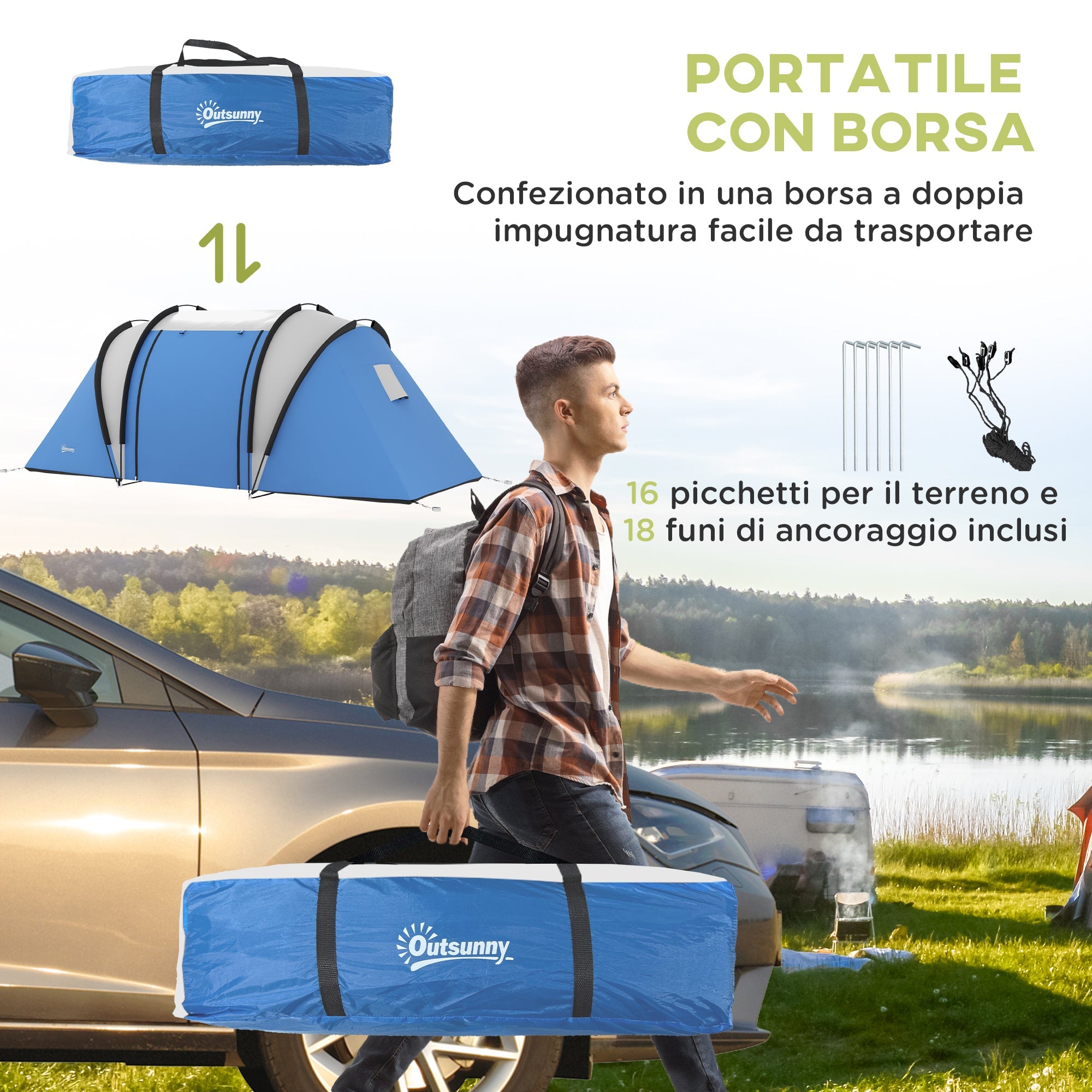 Tenda da Campeggio 2 Posti Impermeabile con 2 Stanze Borsa di Trasporto 220x450x180 cm in Poliestere Blu