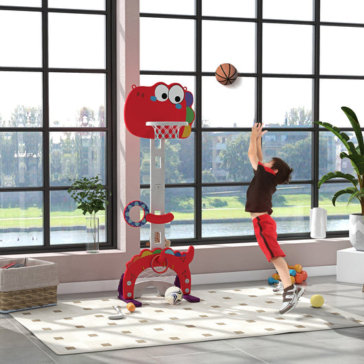 Canestro Basket per Bambini Regolabile 5 in 1 con Porta da Calcio e Golf Rosso