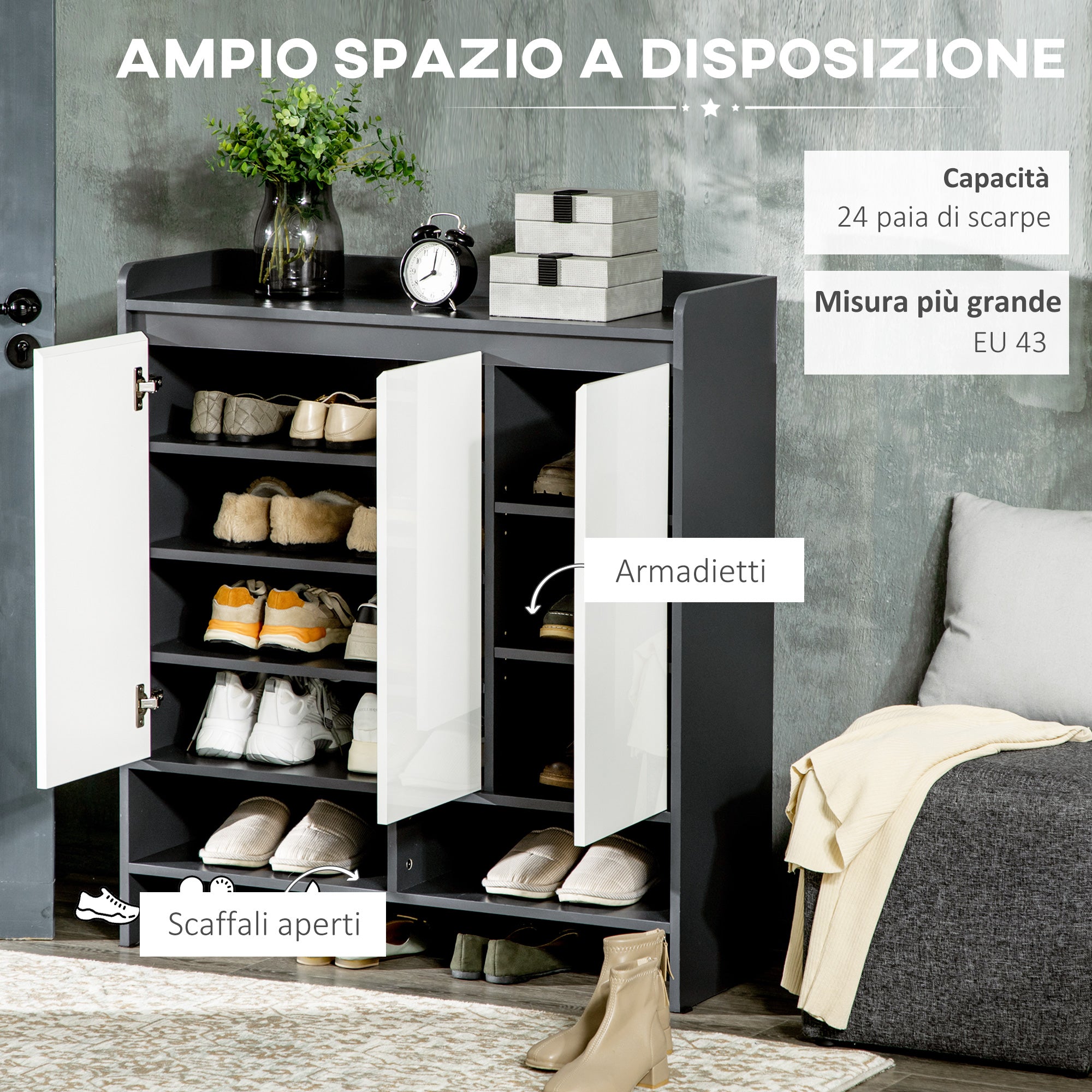 Mobile Ingresso con Scarpiera 90x32x100 cm 24 Paia di Scarpe in Truciolato Grigio e Bianco