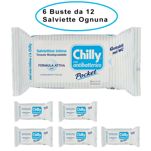 Chilly salviettine antibatteriche con formula anti-odor 6 buste da 12 salviette ciascuna