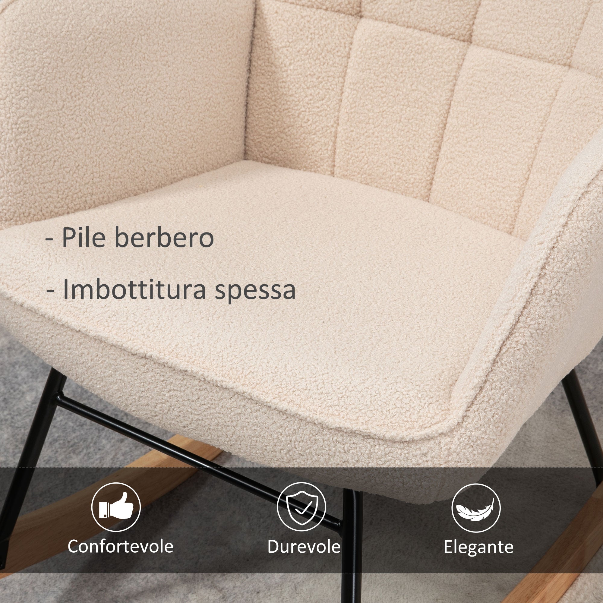 Poltrona a Dondolo Imbottita in Legno e Acciaio per Soggiorno e Camera da Letto 71x92x101 cm Beige