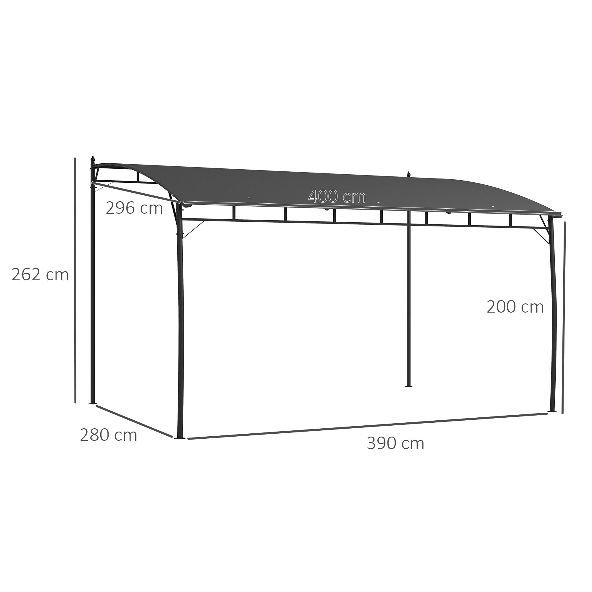 Pergola Gazebo con 3 Fori di Drenaggio 400x296x200/262 cm in Metallo e Poliestere Grigio Scuro