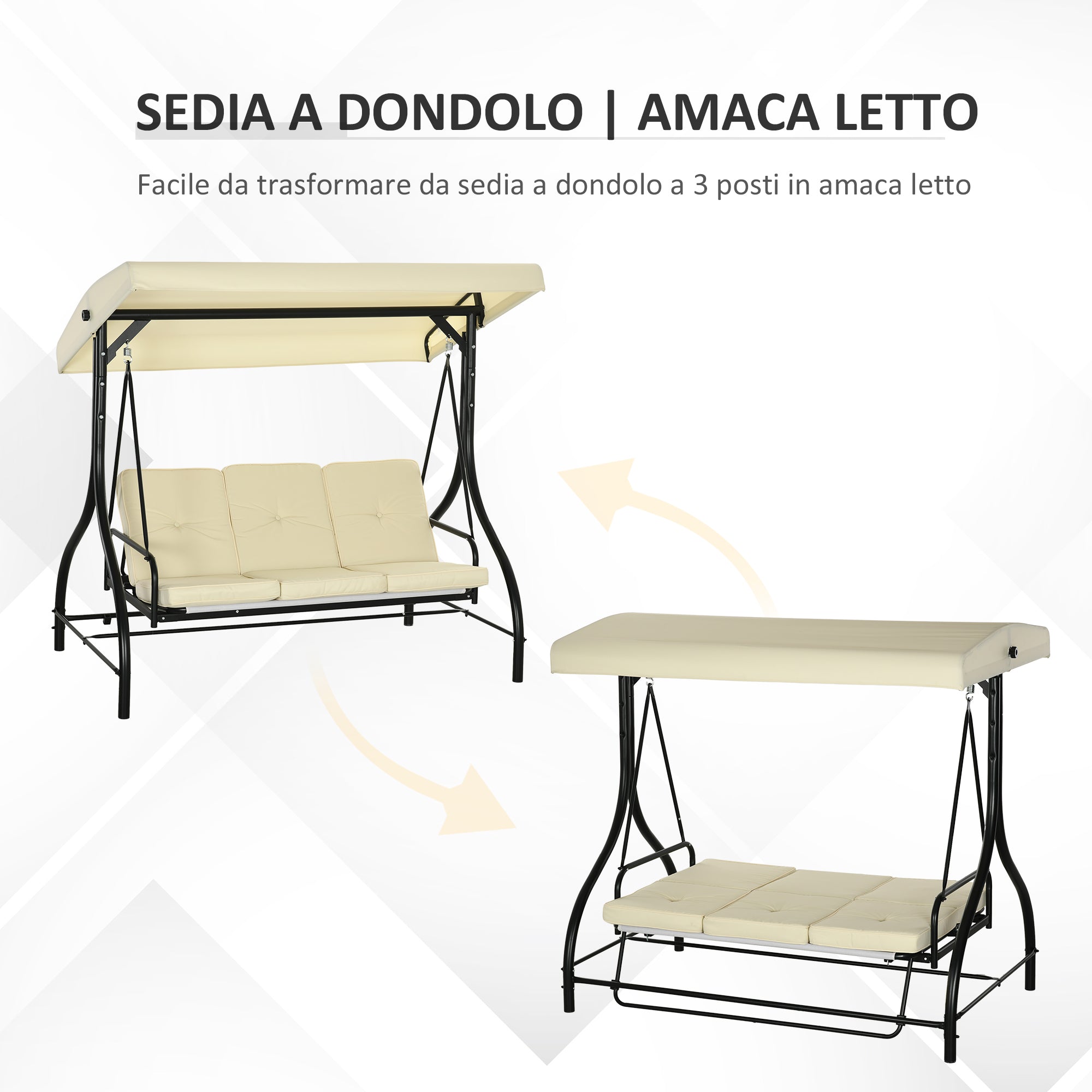 Dondolo da Giardino 3 Posti con Tettuccio Regolabile in Metallo e tessuto Teslin Beige e Nero