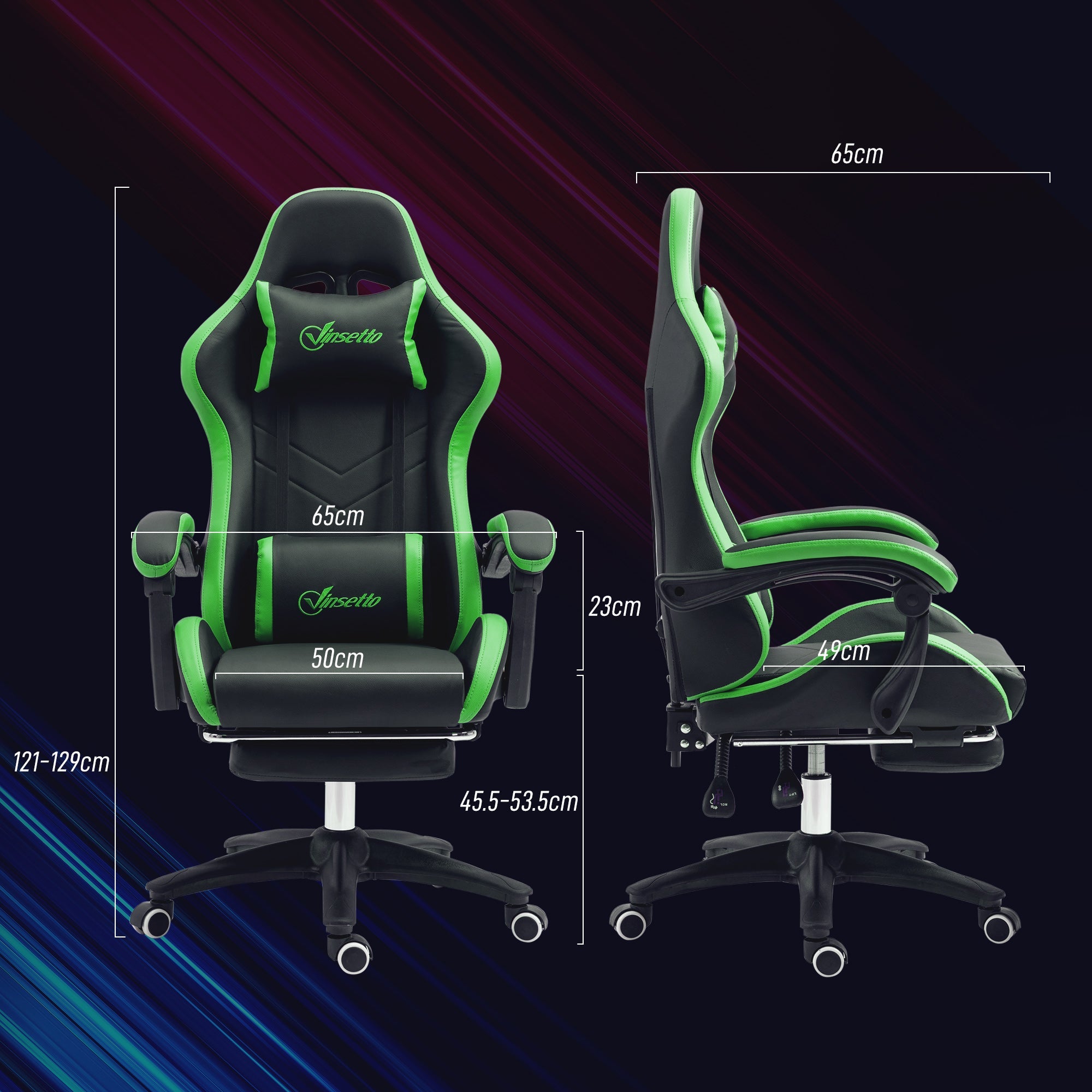 Sedia da Gaming Altezza Regolabile e Schienale Reclinabile 65x65x121-129 cm Nero e Verde