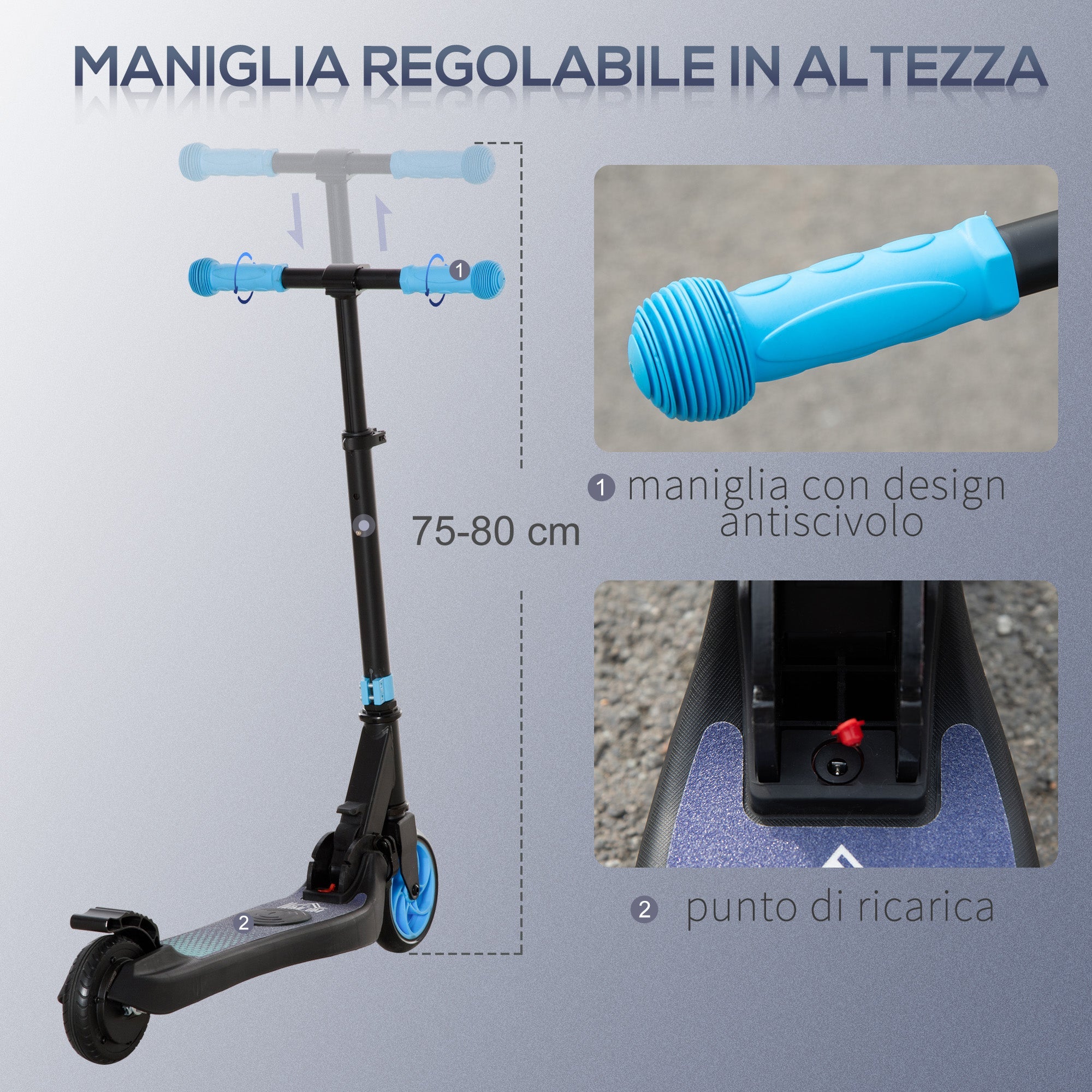 Monopattino Elettrico Pieghevole per Bambini Altezza Regolabile 75-80 cm Nero e Azzurro