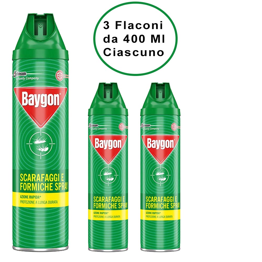 Baygon spray insetticida per formiche e scarafaggi plus 3 flaconi da 400 ml ciascuno