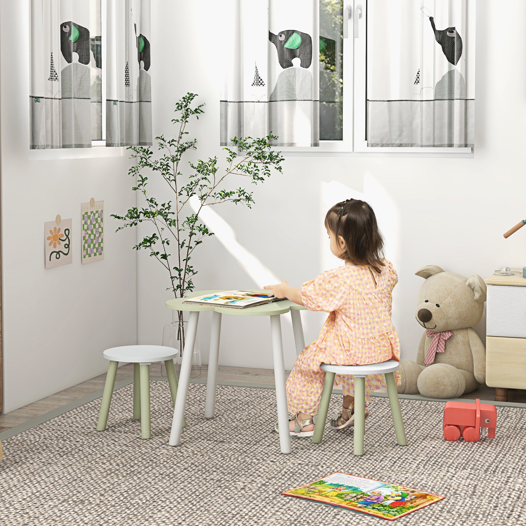 Set Tavolino e 2 Sedie per Bambini con Design a Fiori  in MDF e Legno di Pino Giallo e Bianco