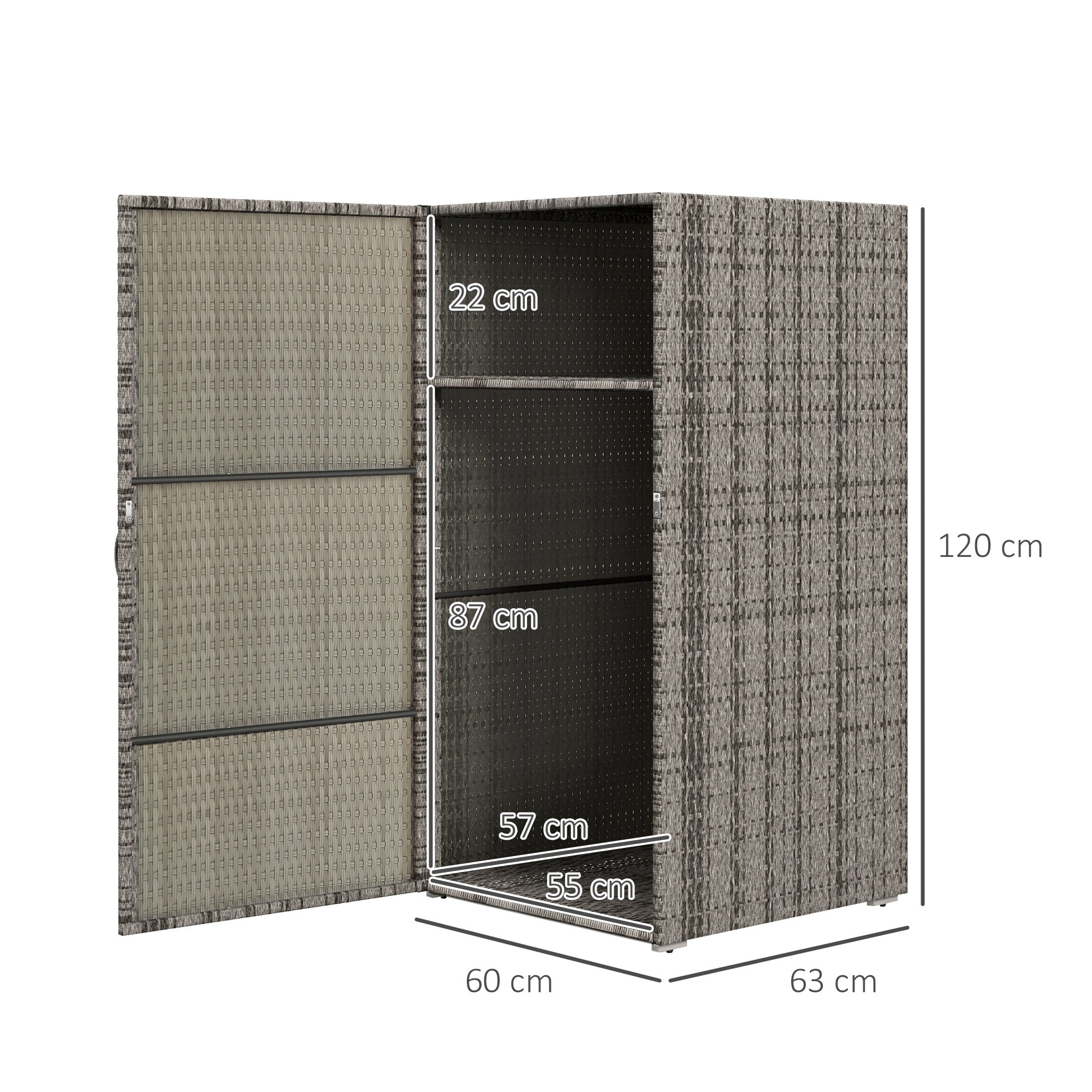 Armadio da Giardino 2 Vani 60x63x120 cm in Rattan PE Grigio