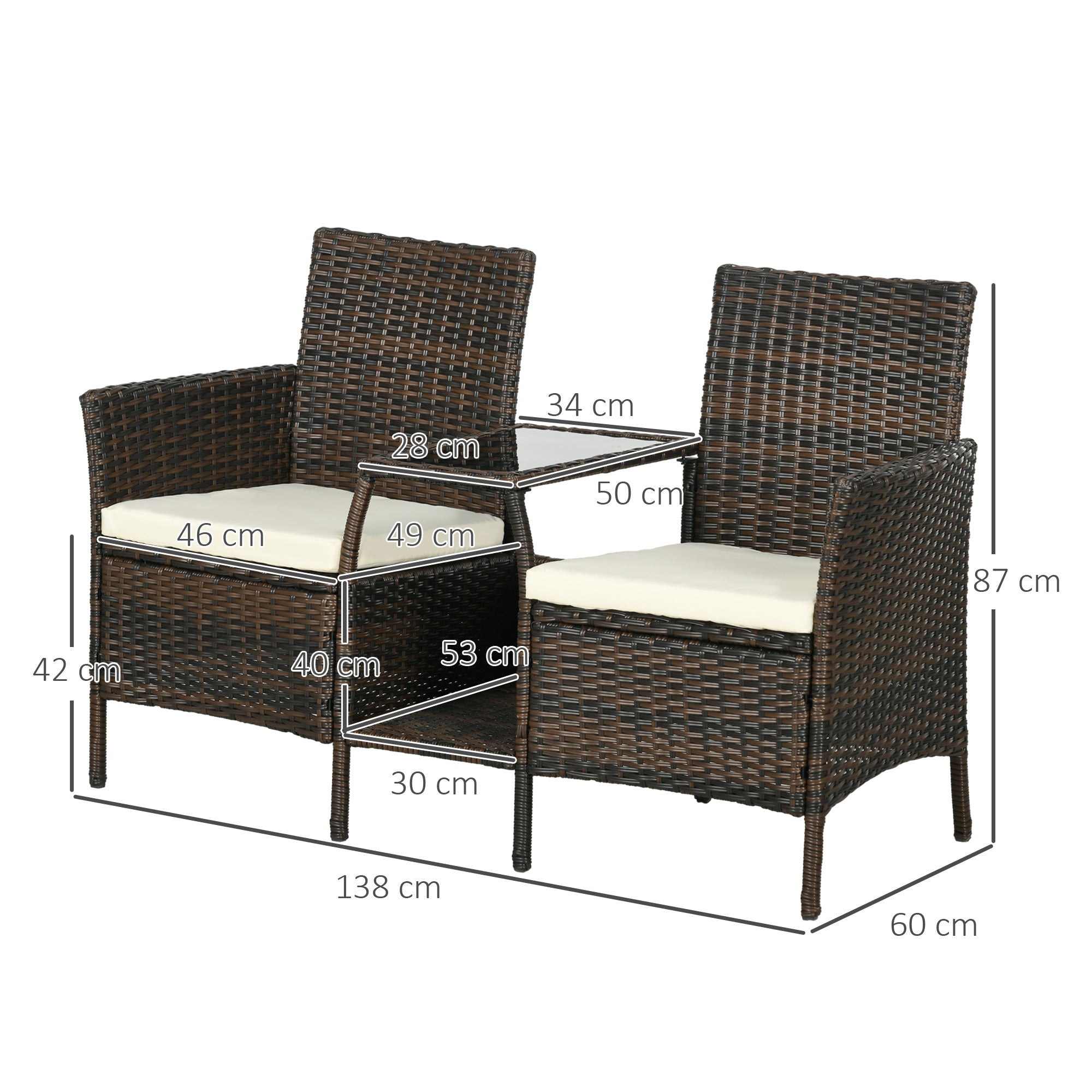 Set 2 Poltrone Moderne con Tavolino Caffè da Giardino 138x60x87 cm in Rattan Marrone