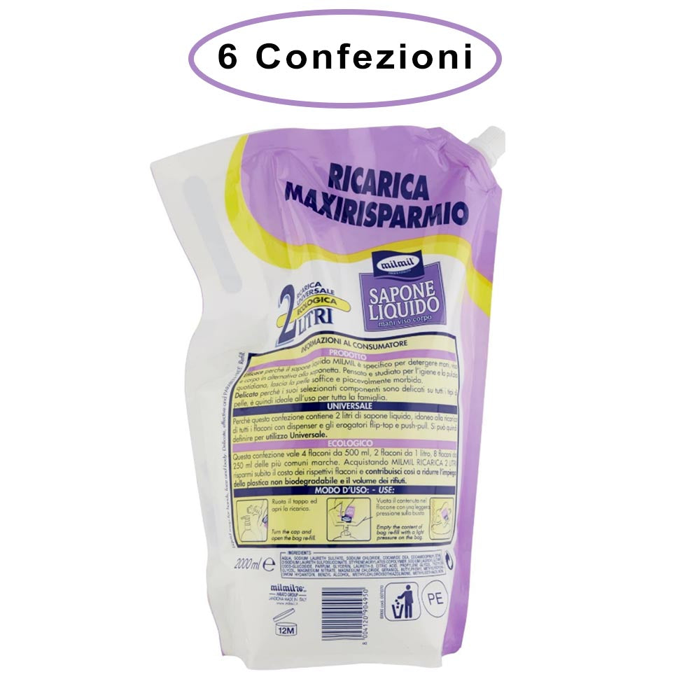 Mil mil sapone liquido talco & iris ricarica maxi risparmio 6 confezioni da 2000 ml