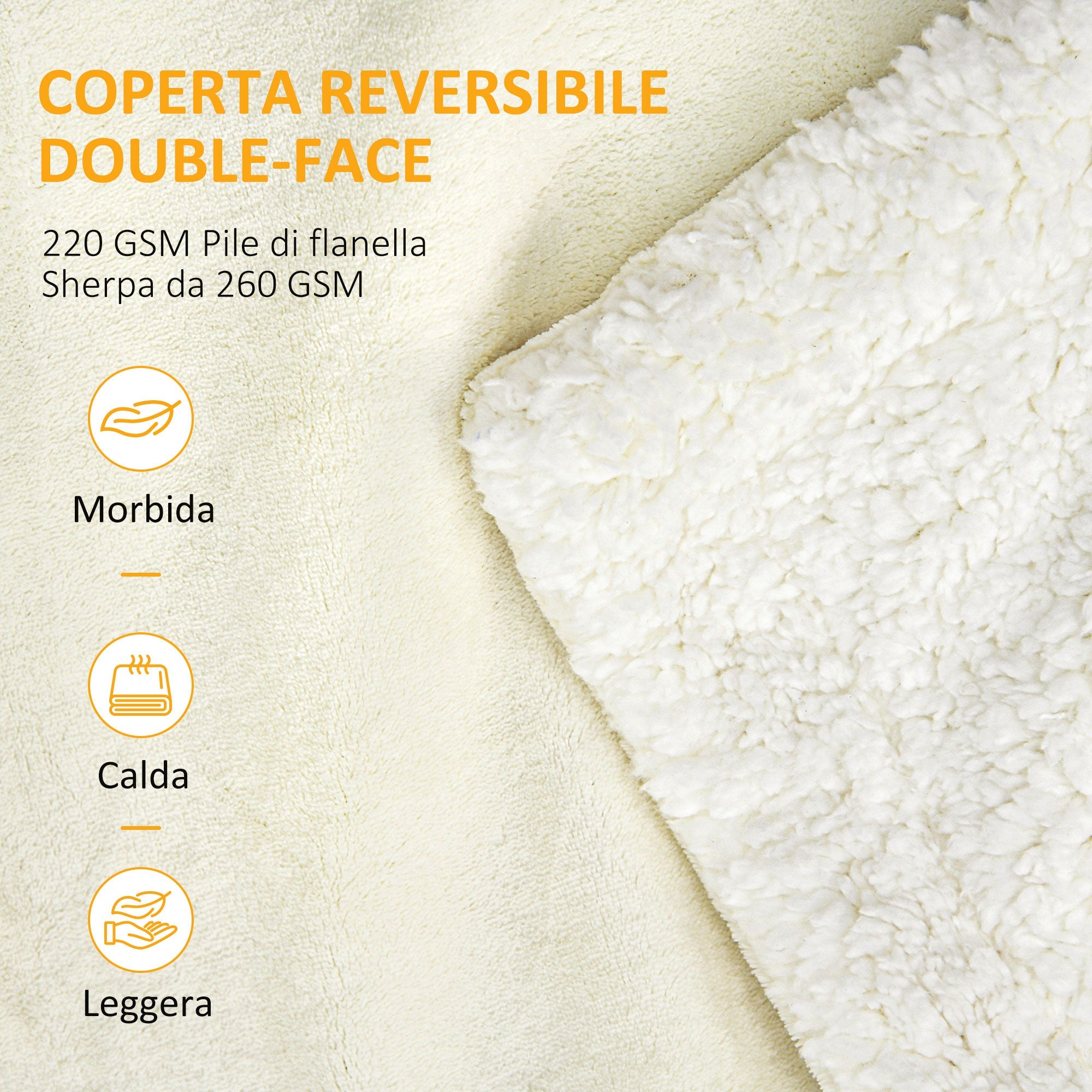 Coperta Double Face 203x152x0,5 cm in Flanella 220 GSM e Sherpa 260 GSM Crema