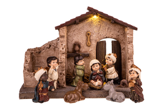 Natività 9 Personaggi con Capanna e Led 16,5 cm in Porcellana