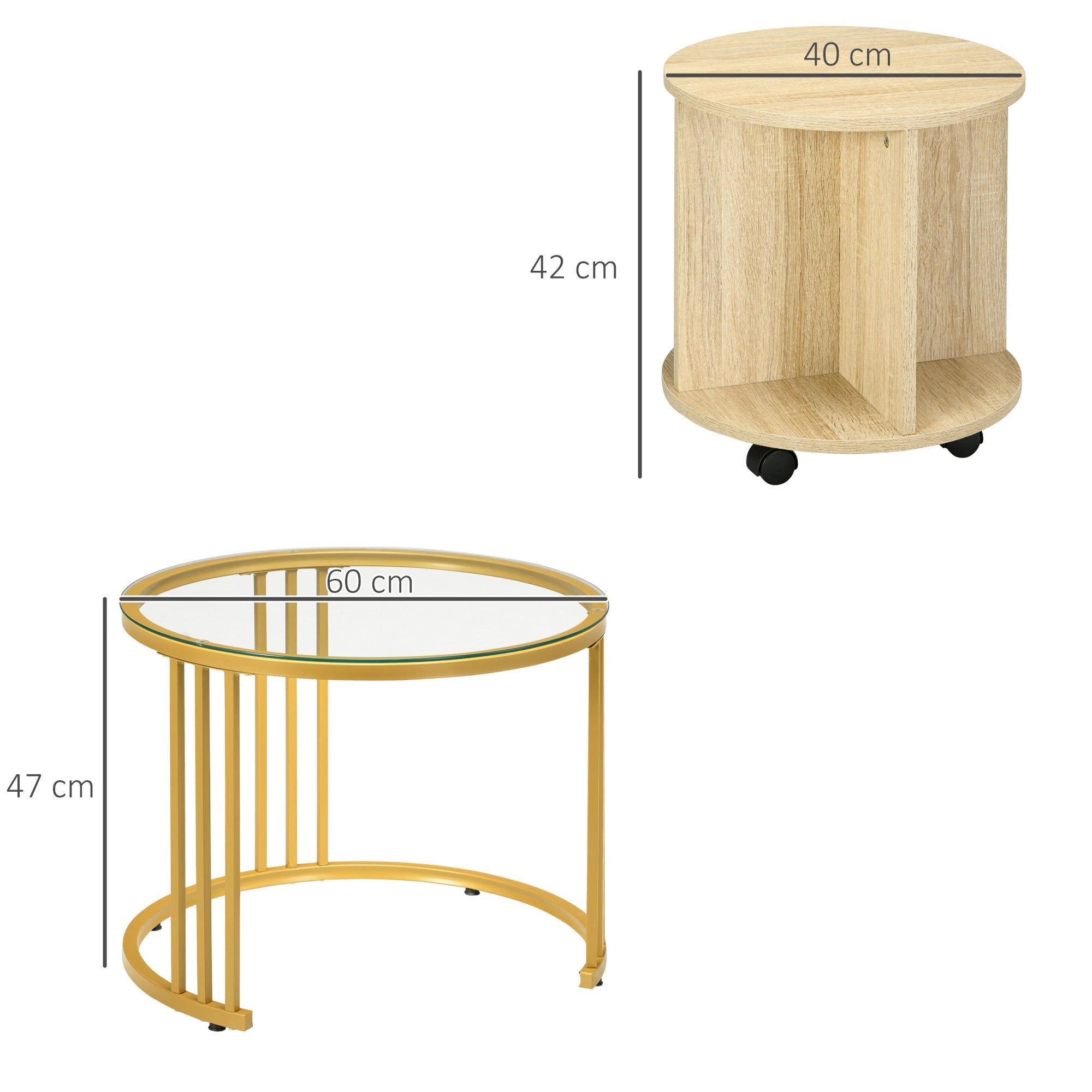 Set 2 Tavolini Impilabili Rotondi in Acciaio Vetro e Legno Truciolato Oro e Rovere