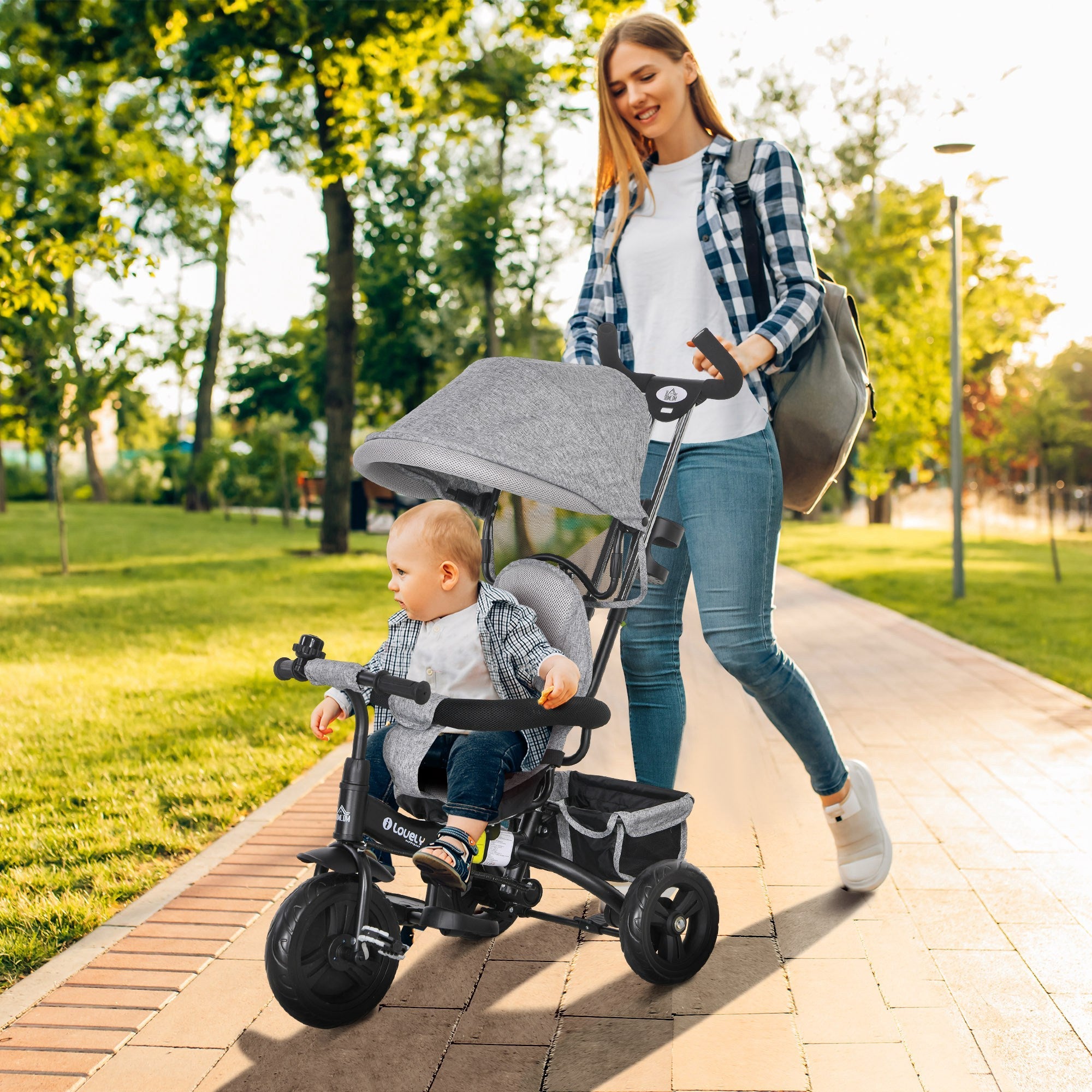 Triciclo per Bambini con Maniglione 6 in 1 Tettuccio Regolabile e Cintura di Sicurezza Grigio