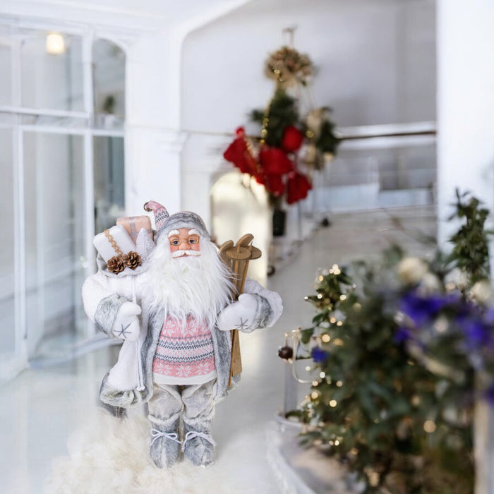 Babbo Natale con Sci H60 cm Bianco/Rosa