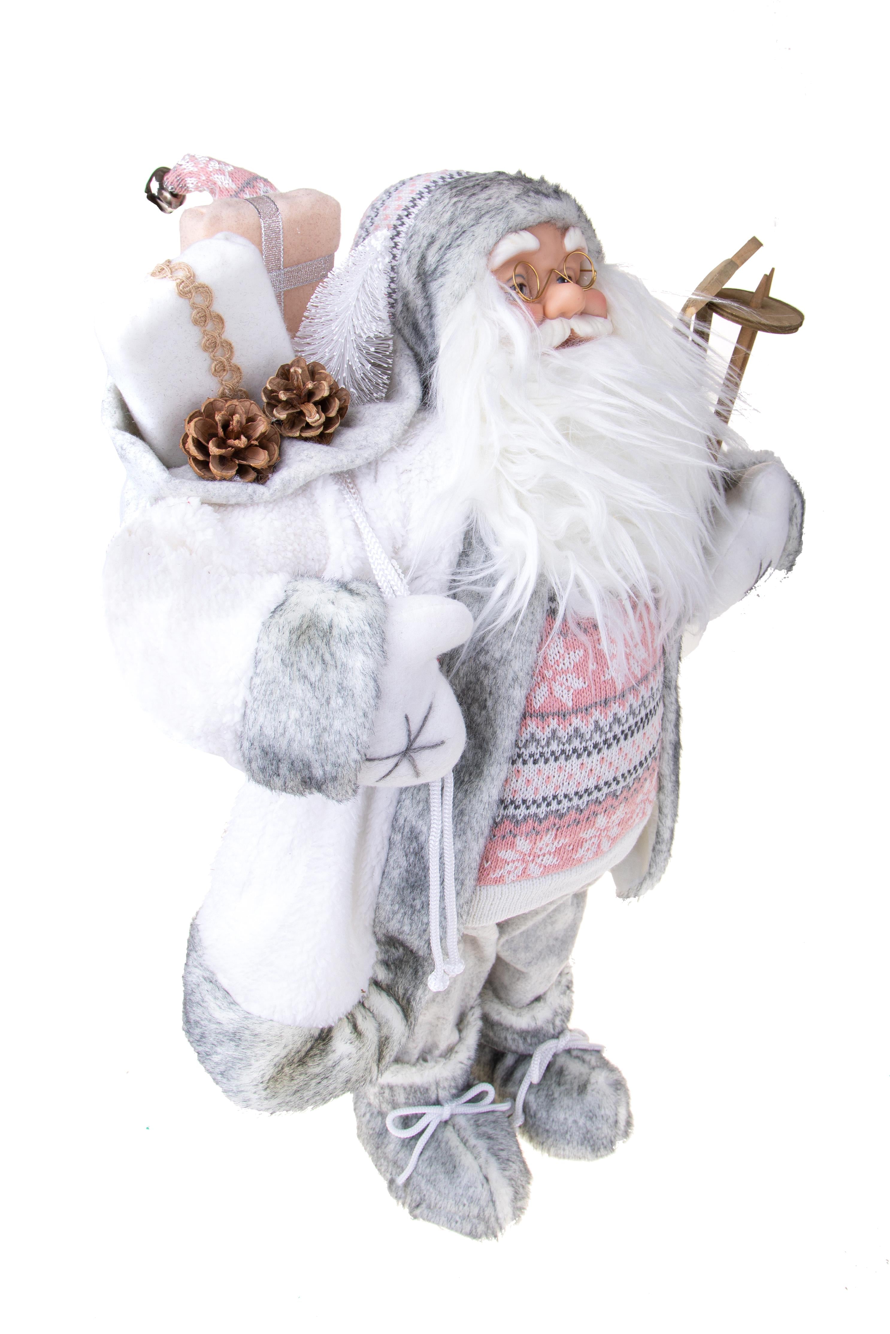 Babbo Natale con Sci H60 cm Bianco/Rosa